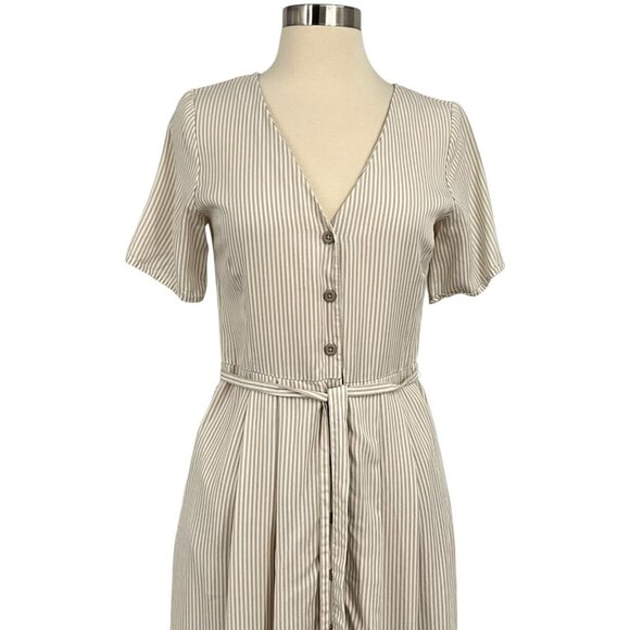 Vetta The Button Up Midi Dress Taupe Stripe Short Sleeve Buttoned Size XS Belted - Picture 2 of 9